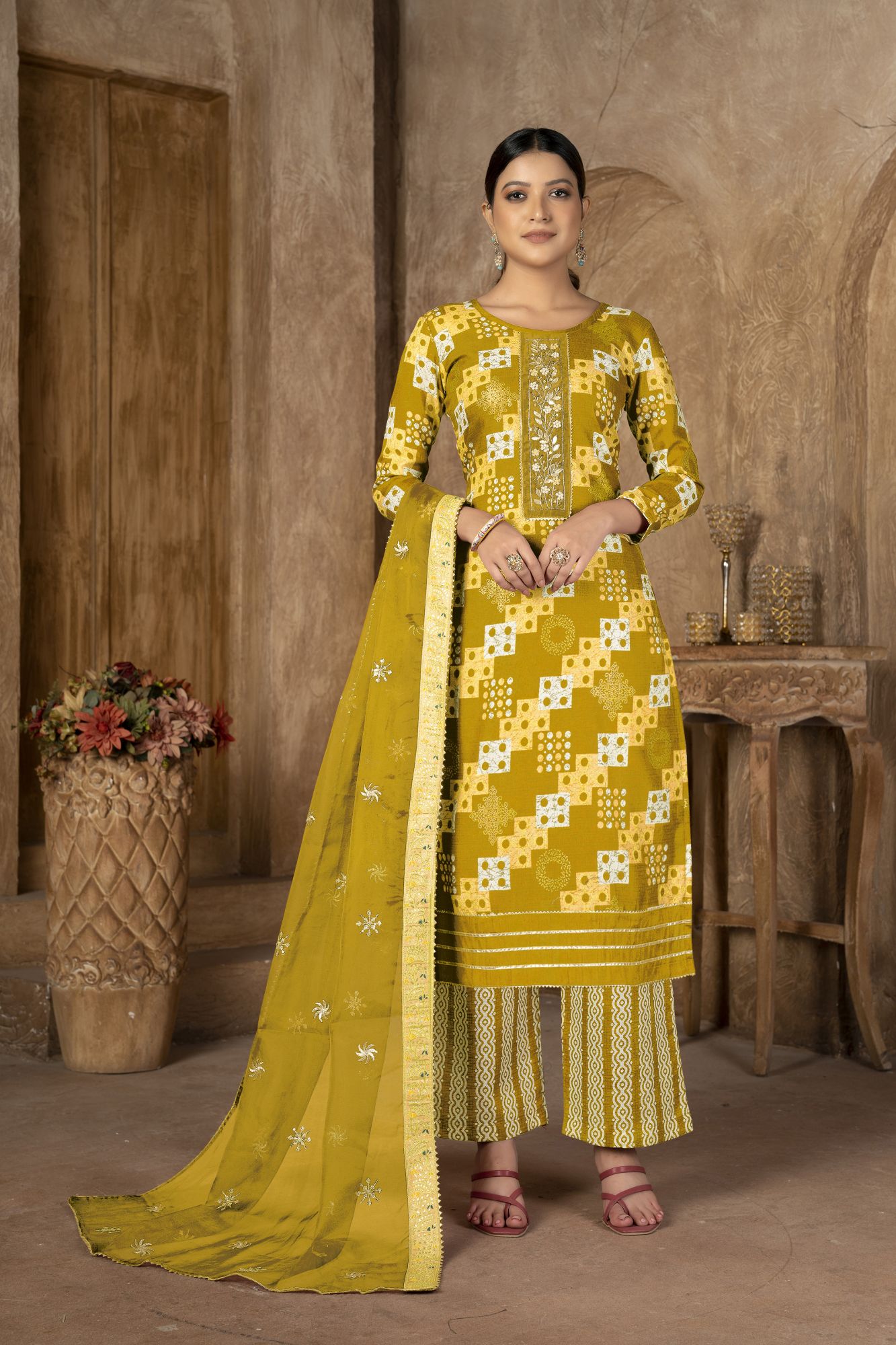 Mustard Cotton Embroidered Party  Festival Pant Salwar Kameez
