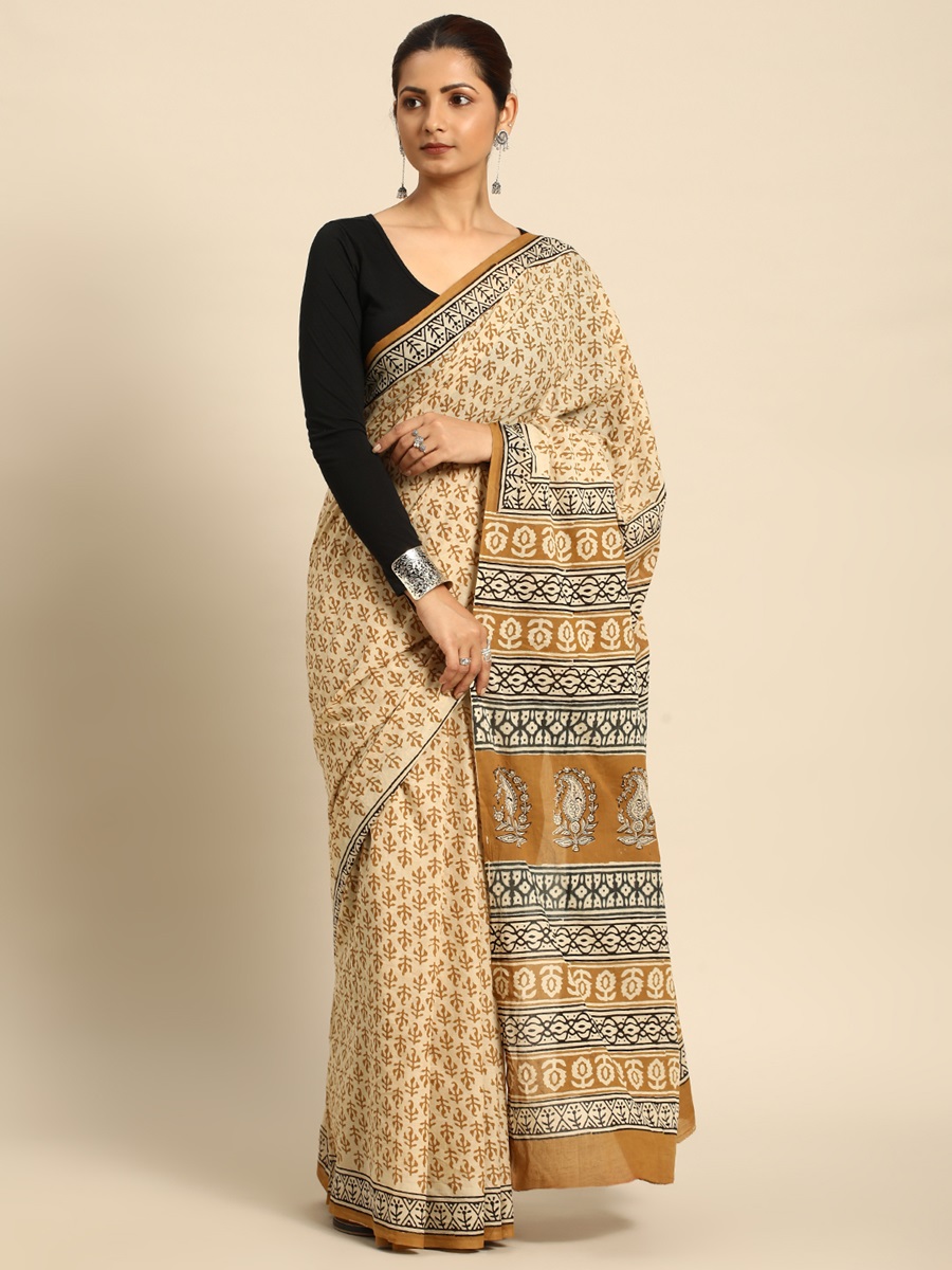 Mustard Cotton Printed Festival Casual Contemporary Sarees