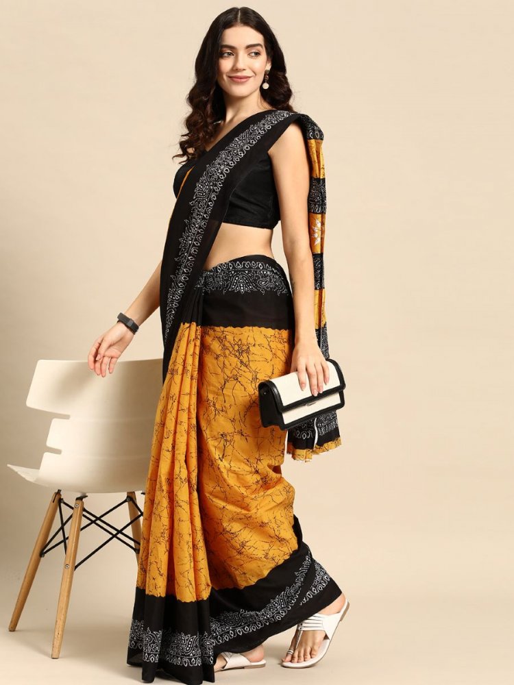 Mustard Cotton Printed Festival Casual Contemporary Sarees