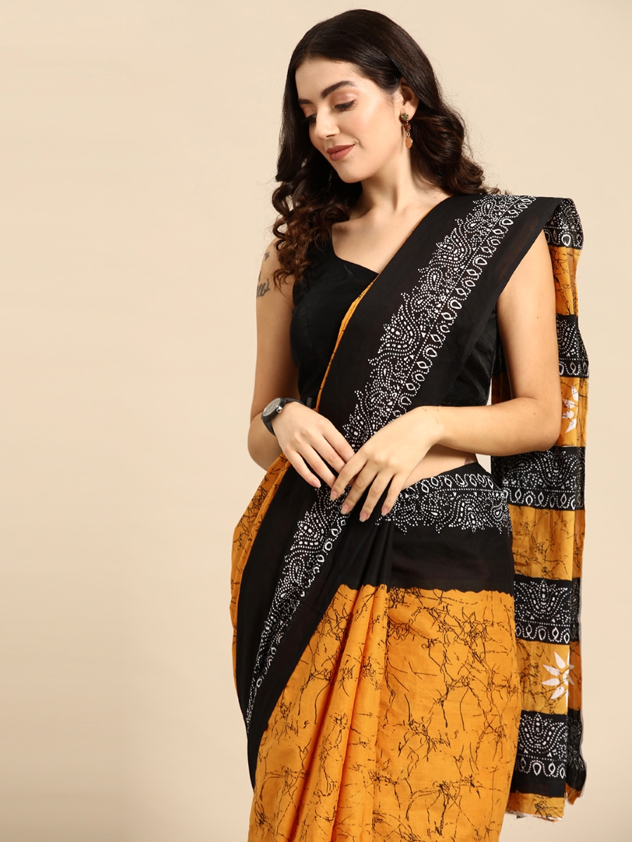 Mustard Cotton Printed Festival Casual Contemporary Sarees