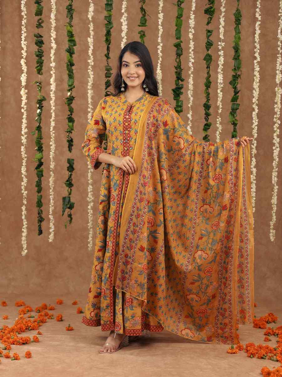 Mustard Cotton Printed Party Wedding Festival Casual Ready Anarkali Salwar Kameez