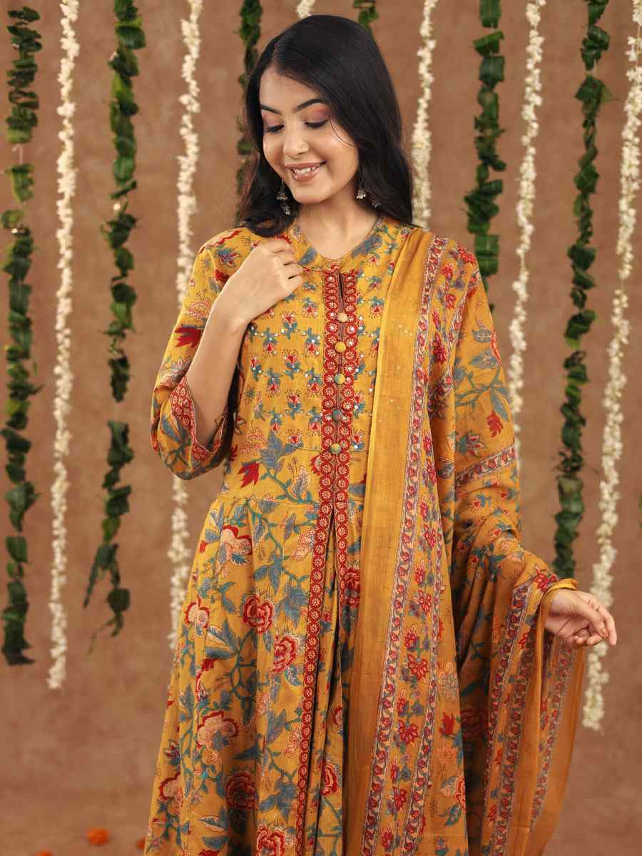Mustard Cotton Printed Party Wedding Festival Casual Ready Anarkali Salwar Kameez