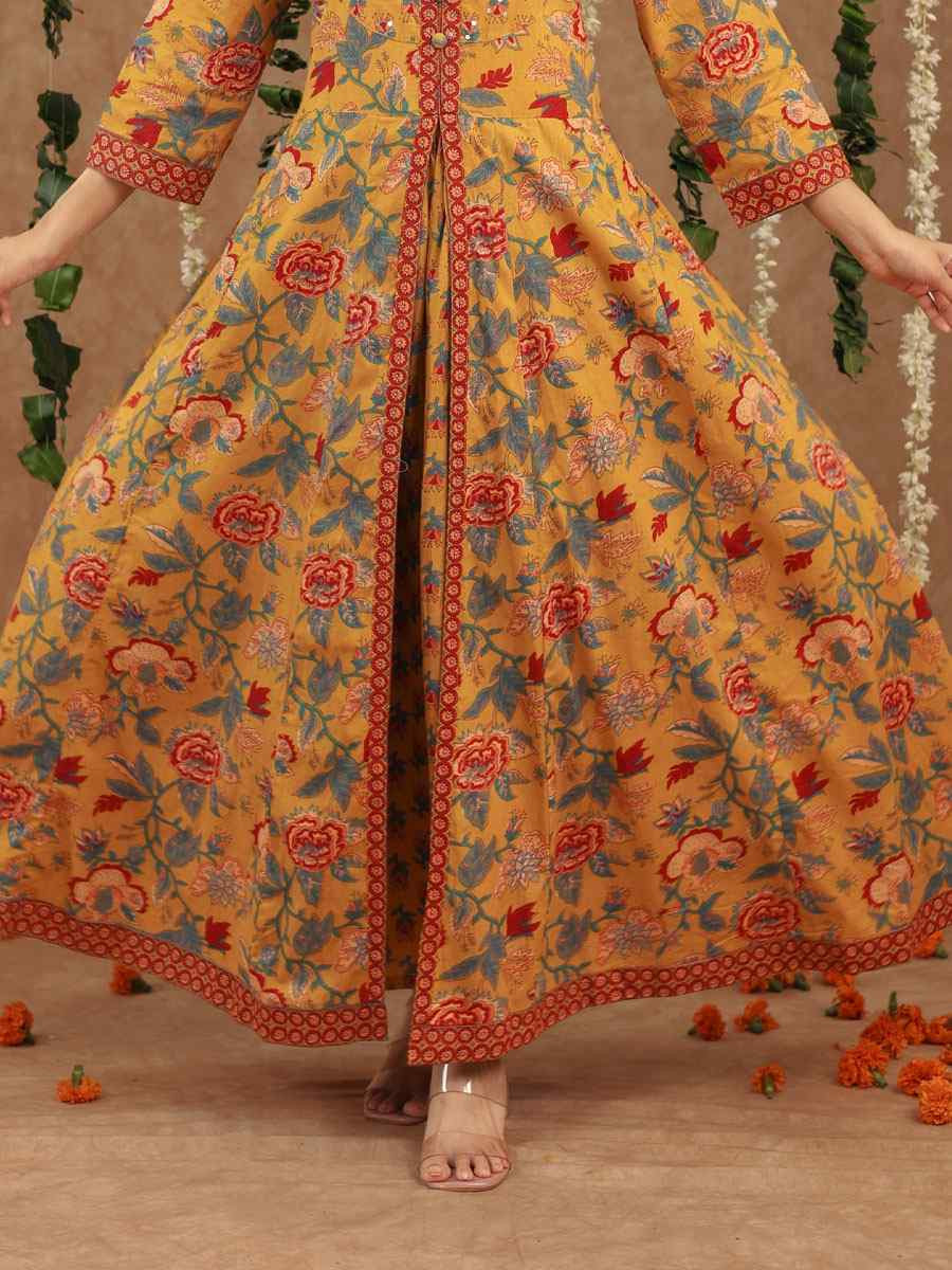 Mustard Cotton Printed Party Wedding Festival Casual Ready Anarkali Salwar Kameez