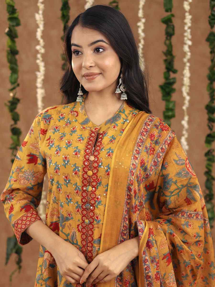 Mustard Cotton Printed Party Wedding Festival Casual Ready Anarkali Salwar Kameez