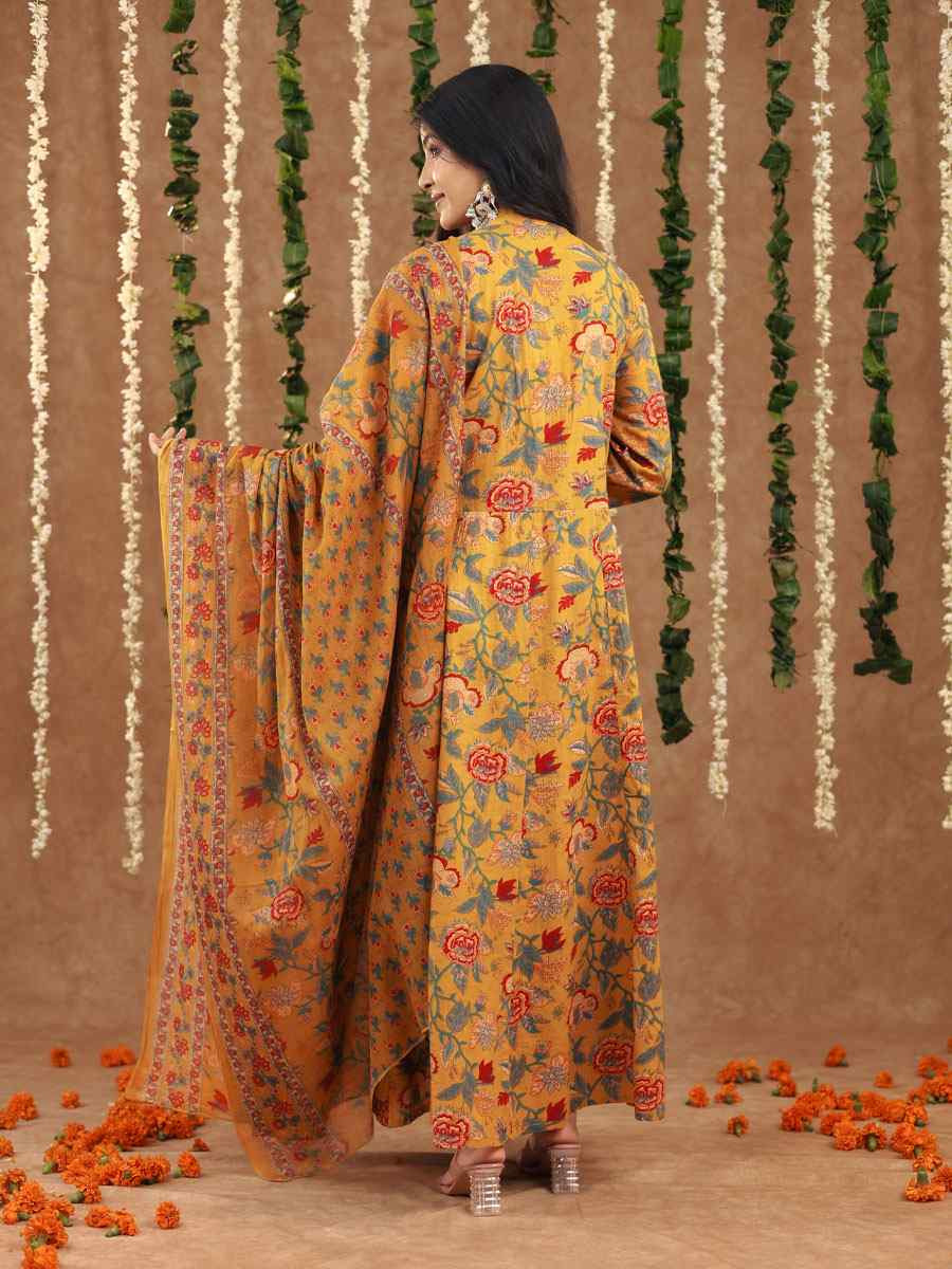 Mustard Cotton Printed Party Wedding Festival Casual Ready Anarkali Salwar Kameez