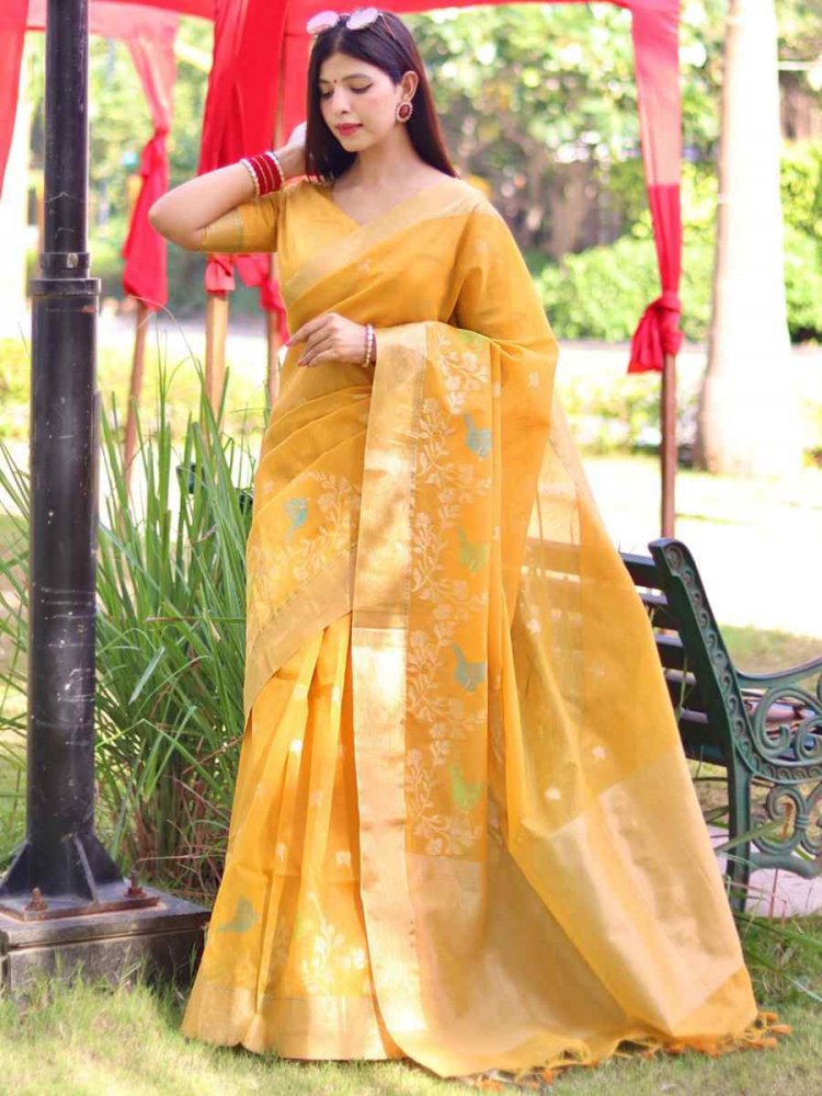 Mustard Cotton Silk Handwoven Casual Festival Classic Style Saree