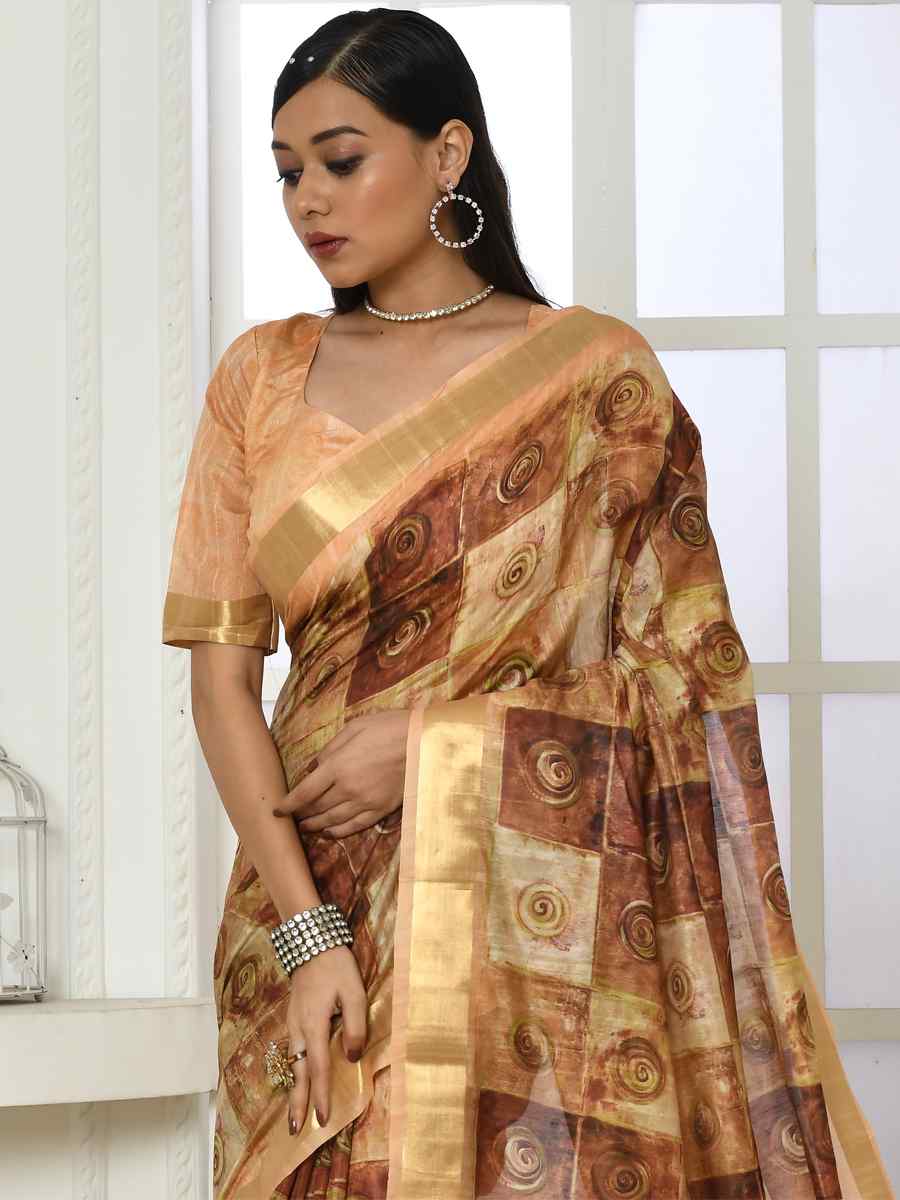 Mustard Cotton Silk Printed Casual Festival Classic Style Saree