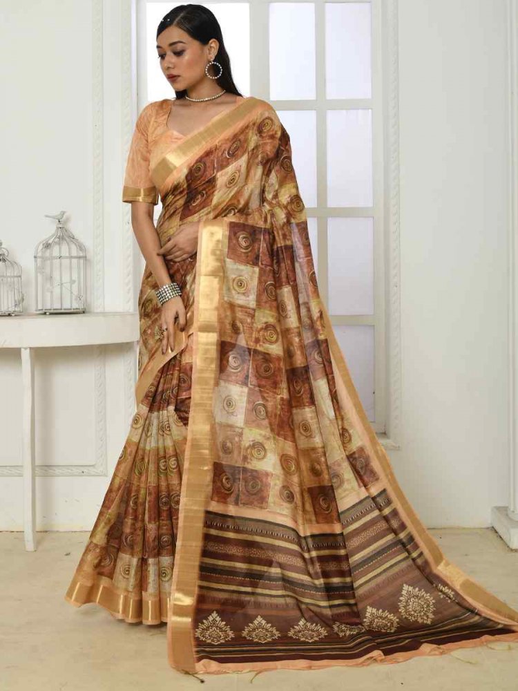 Mustard Cotton Silk Printed Casual Festival Classic Style Saree