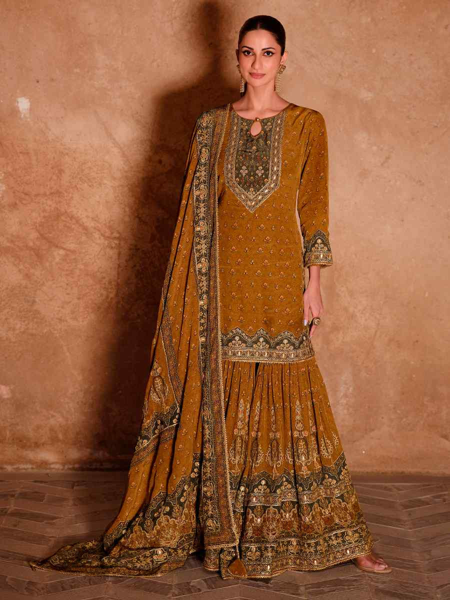 Mustard Crepe Embroidered Party Wedding Ready Sharara Pant Salwar Kameez