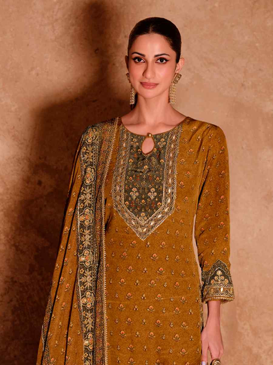 Mustard Crepe Embroidered Party Wedding Ready Sharara Pant Salwar Kameez