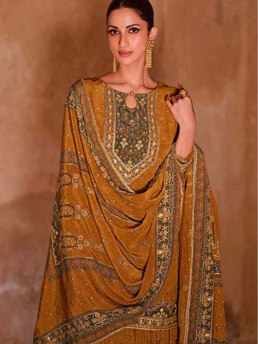 Mustard Crepe Embroidered Party Wedding Ready Sharara Pant Salwar Kameez