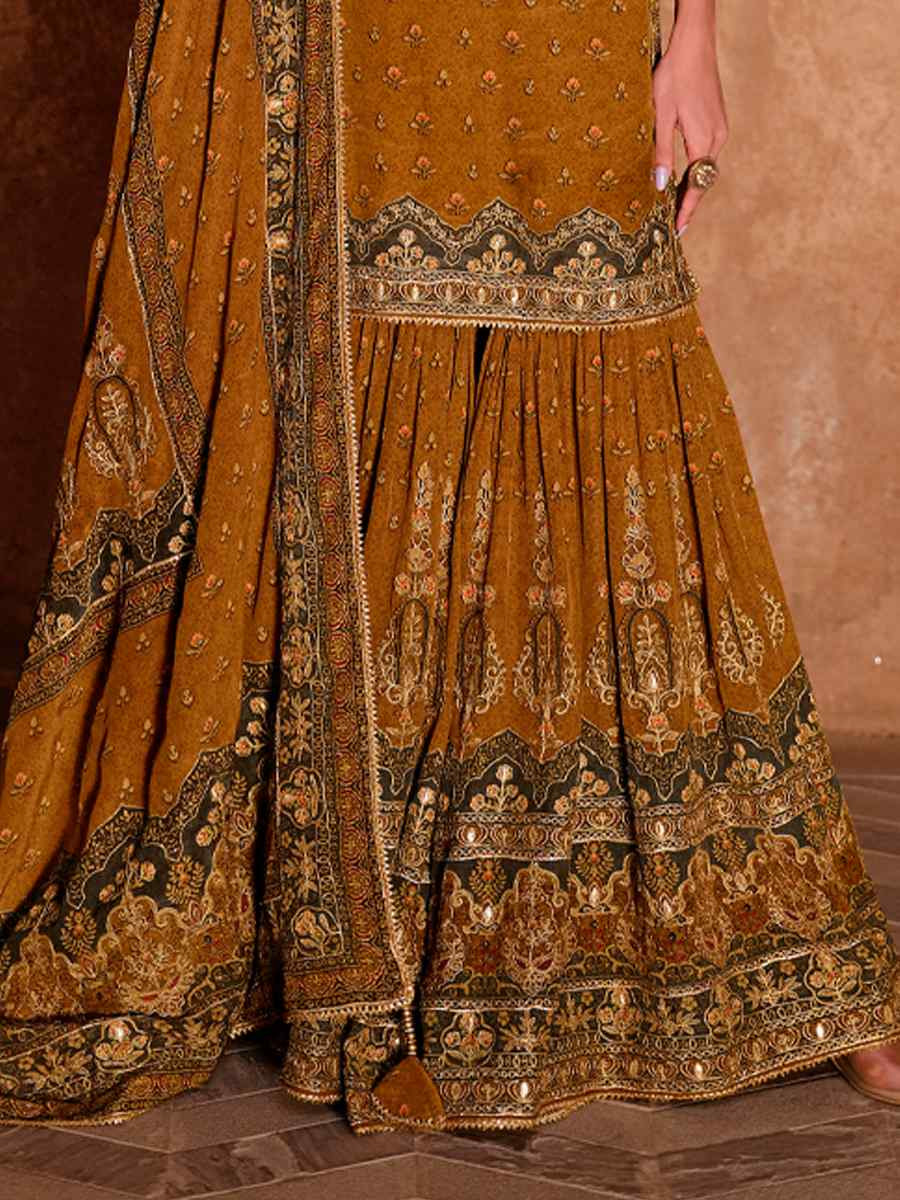 Mustard Crepe Embroidered Party Wedding Ready Sharara Pant Salwar Kameez
