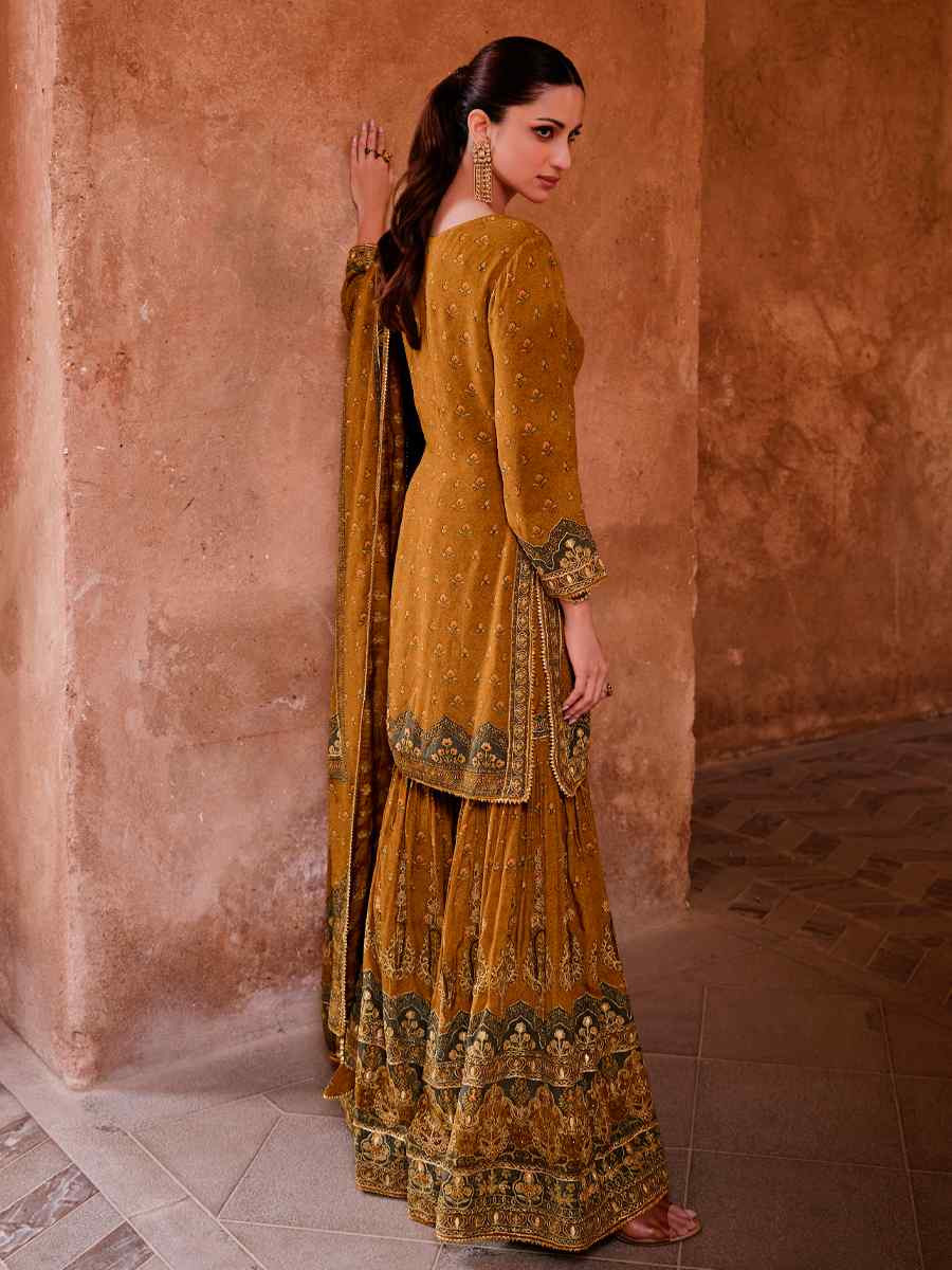 Mustard Crepe Embroidered Party Wedding Ready Sharara Pant Salwar Kameez