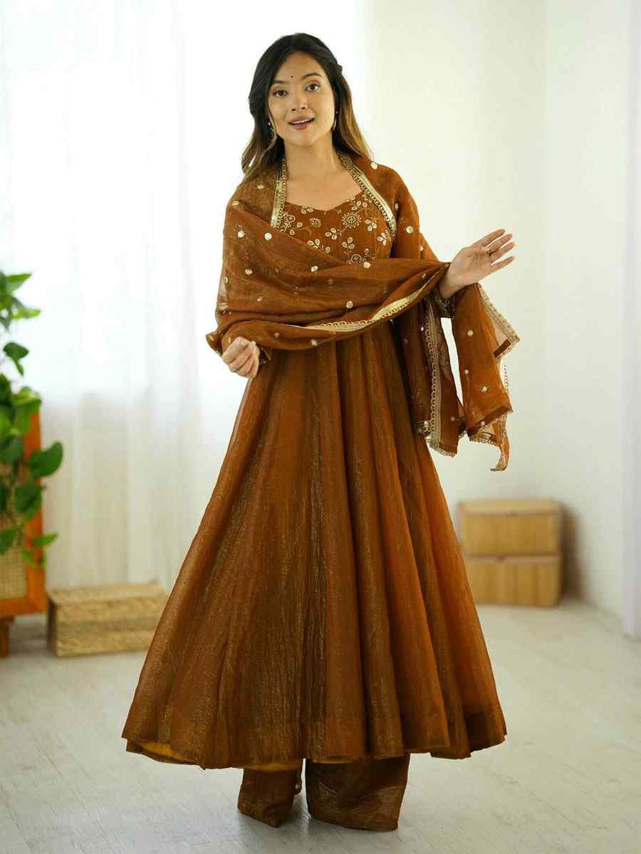 Mustard Crunchy Silk Plain with Embroidery Party Wedding Festival Casual Ready Anarkali Salwar Kameez