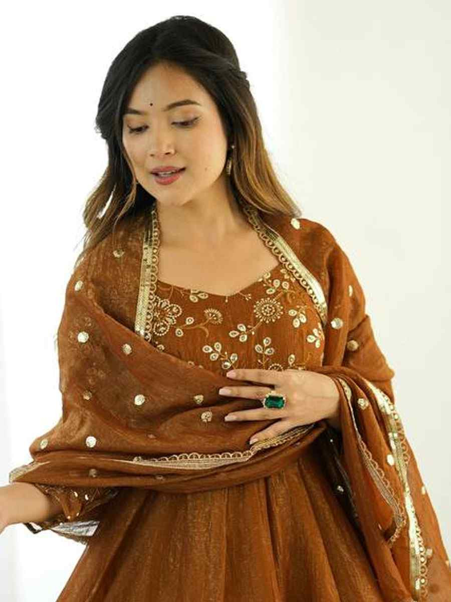 Mustard Crunchy Silk Plain with Embroidery Party Wedding Festival Casual Ready Anarkali Salwar Kameez