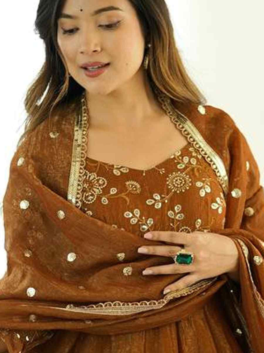 Mustard Crunchy Silk Plain with Embroidery Party Wedding Festival Casual Ready Anarkali Salwar Kameez