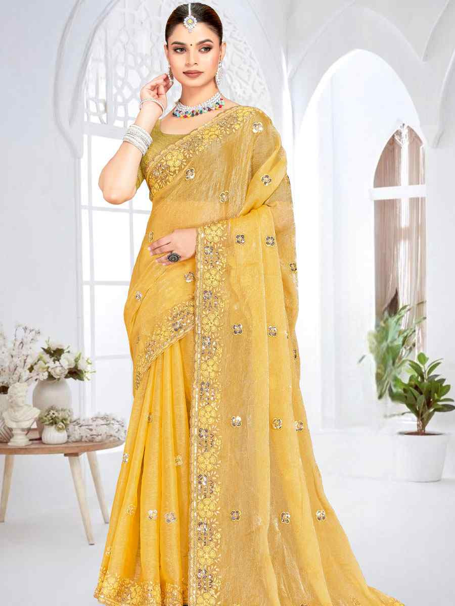 Mustard Cursh Silk Embroidery Bridal Reception Festival Wedding Fancy Heavy Border Saree