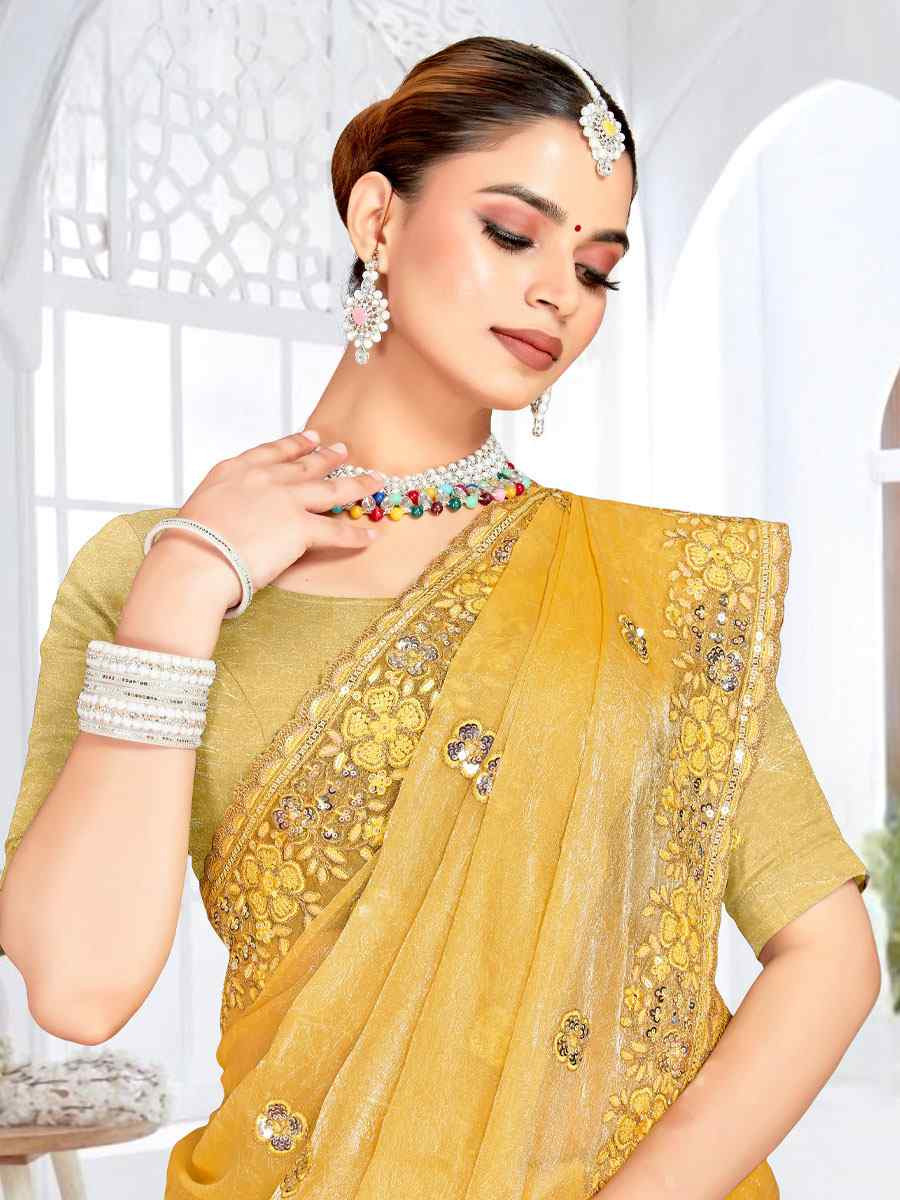 Mustard Cursh Silk Embroidery Bridal Reception Festival Wedding Fancy Heavy Border Saree
