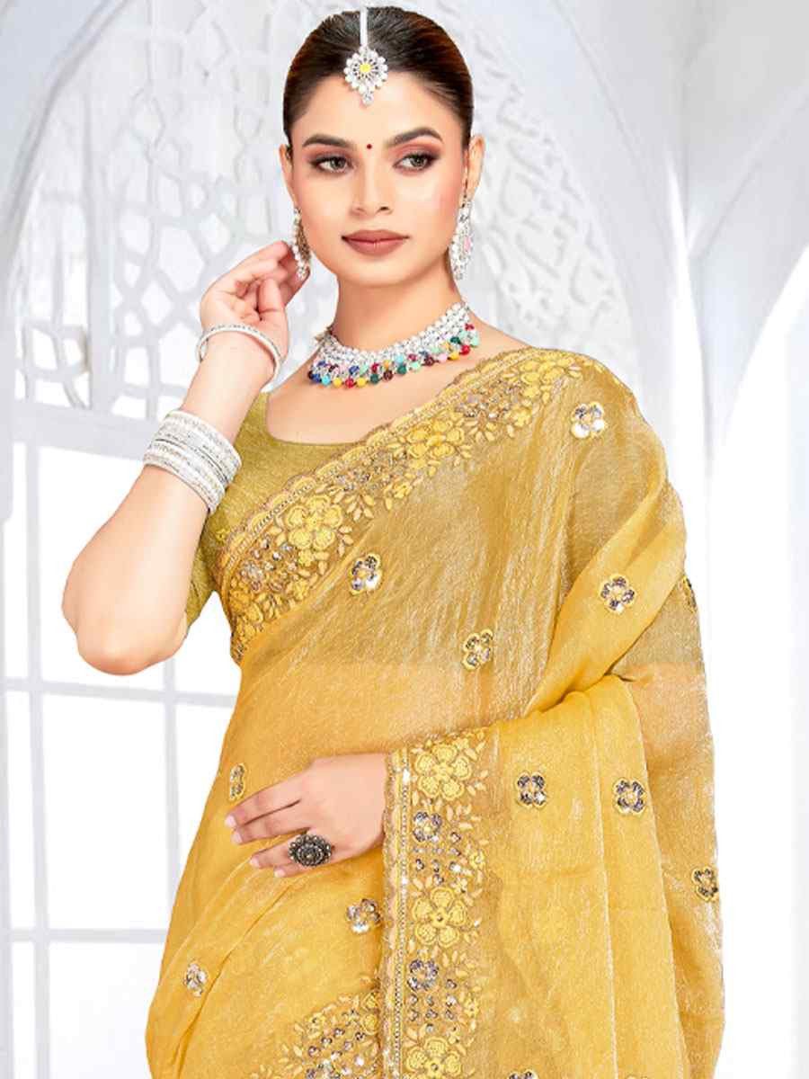 Mustard Cursh Silk Embroidery Bridal Reception Festival Wedding Fancy Heavy Border Saree
