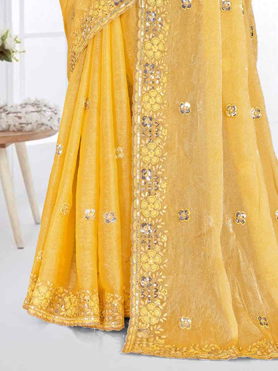 Mustard Cursh Silk Embroidery Bridal Reception Festival Wedding Fancy Heavy Border Saree