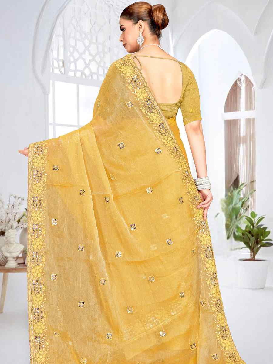 Mustard Cursh Silk Embroidery Bridal Reception Festival Wedding Fancy Heavy Border Saree