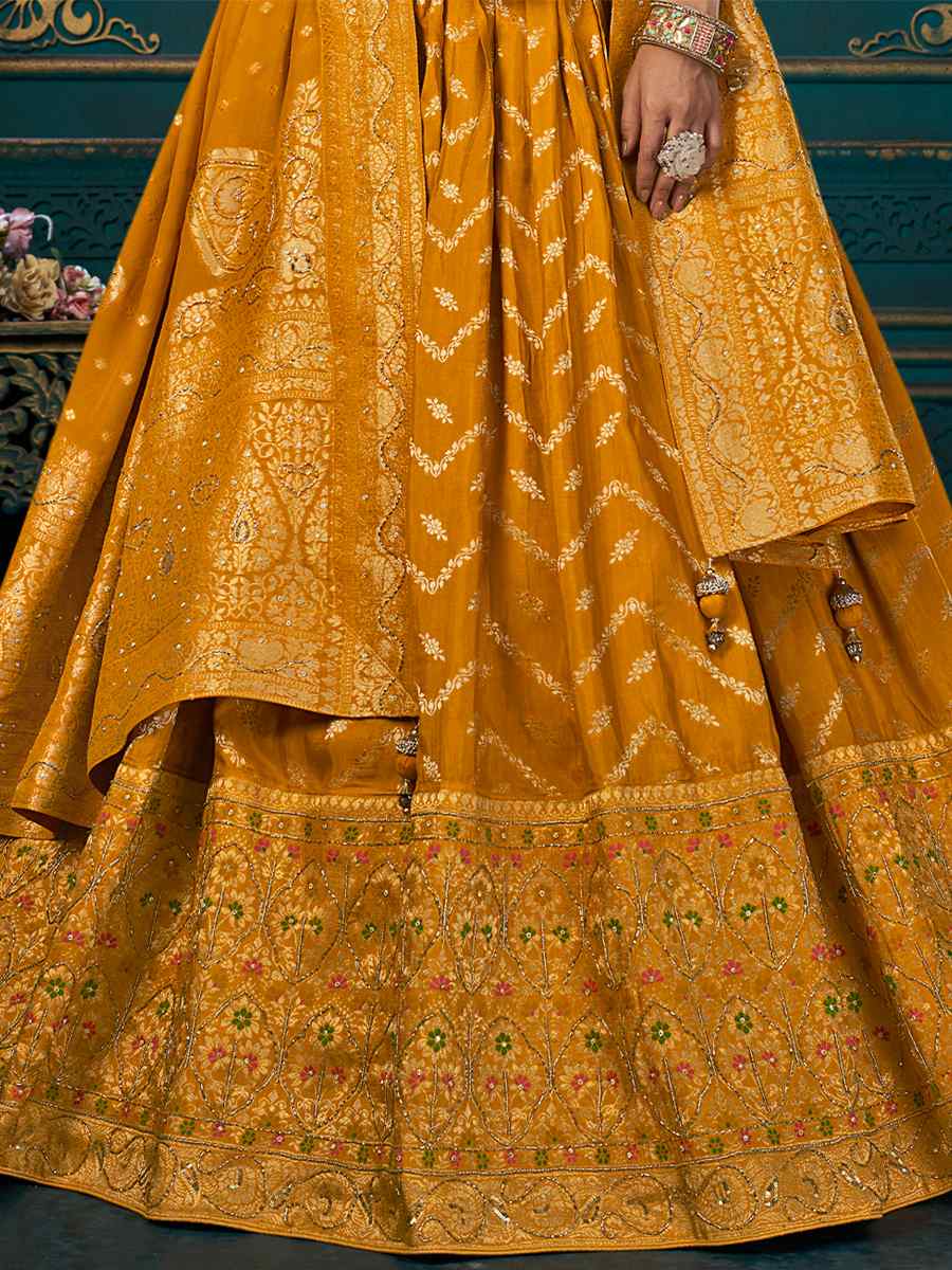 Mustard Dola Silk Embroidered Festival Wedding  Traditional Lehenga Choli