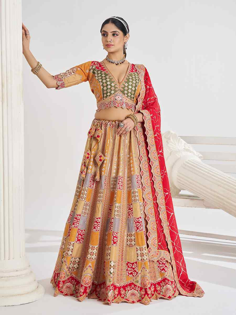 Mustard Dola Silk Embroidered Wedding Bridesmaid Heavy Border Lehenga Choli
