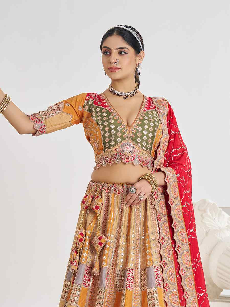 Mustard Dola Silk Embroidered Wedding Bridesmaid Heavy Border Lehenga Choli