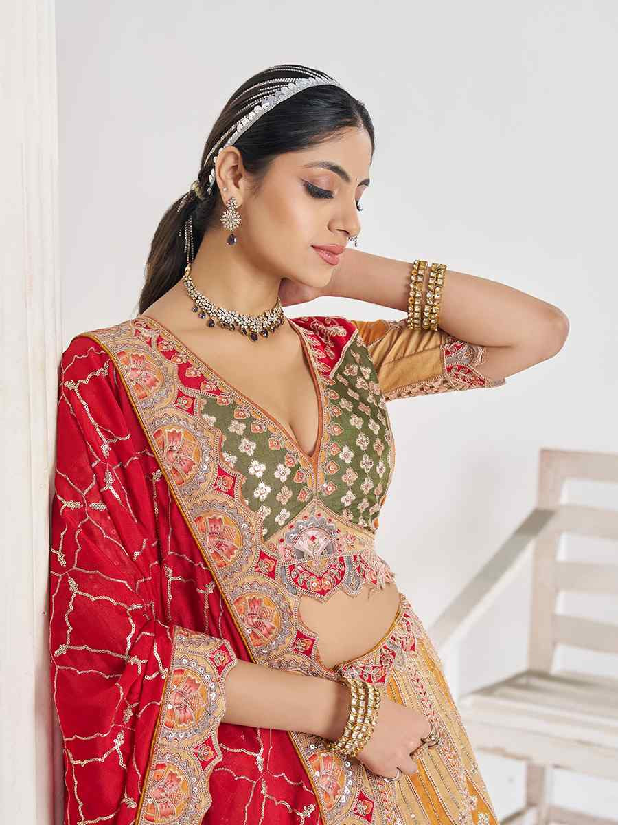 Mustard Dola Silk Embroidered Wedding Bridesmaid Heavy Border Lehenga Choli