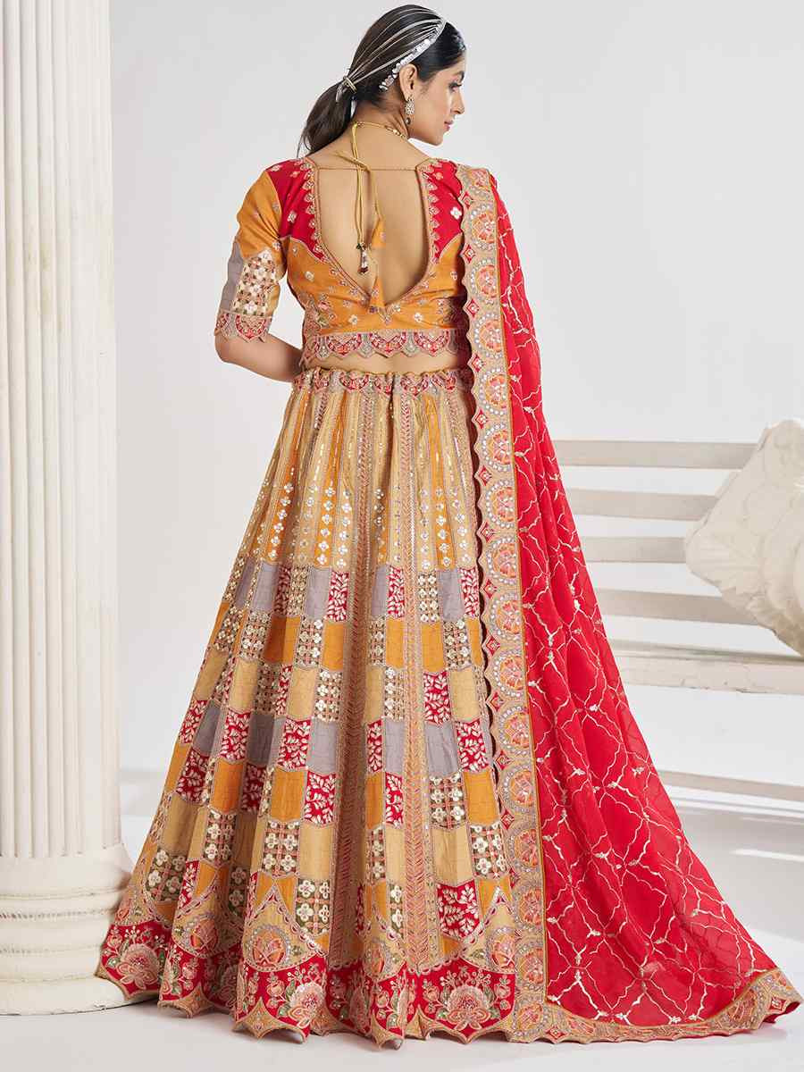 Mustard Dola Silk Embroidered Wedding Bridesmaid Heavy Border Lehenga Choli