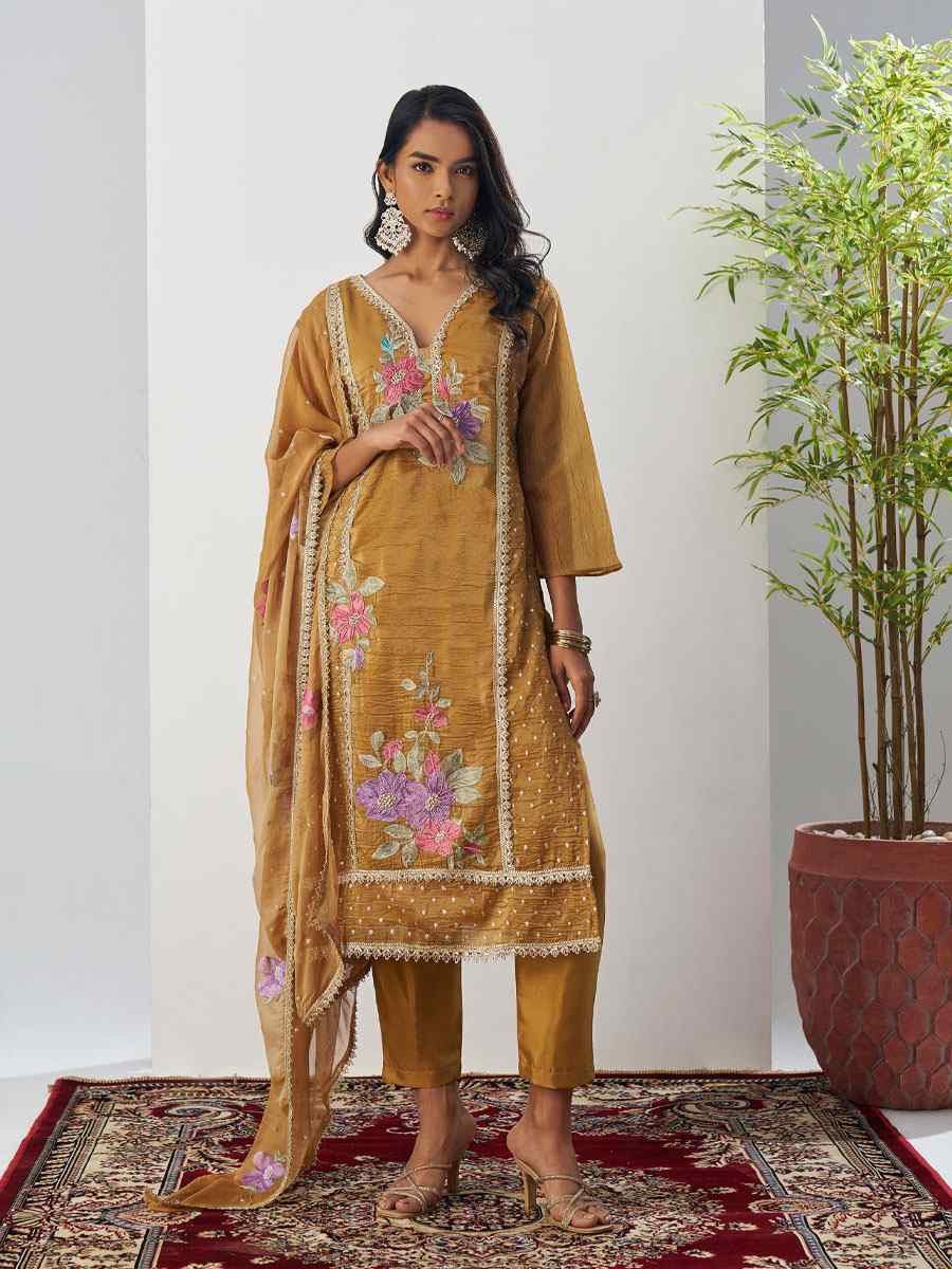 Mustard Fancy Crush Silk Embroidery Party Wedding Festival Casual Ready Salwar Kameez