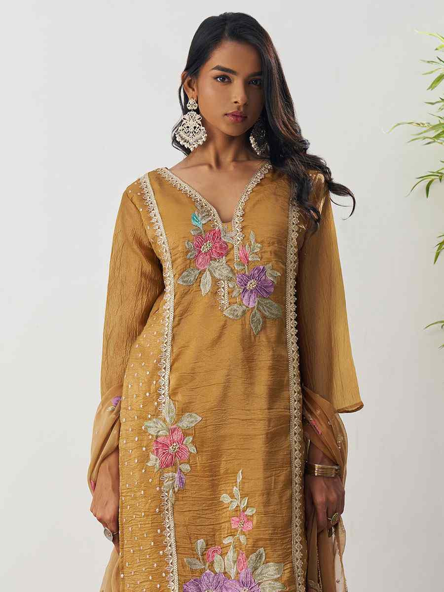 Mustard Fancy Crush Silk Embroidery Party Wedding Festival Casual Ready Salwar Kameez