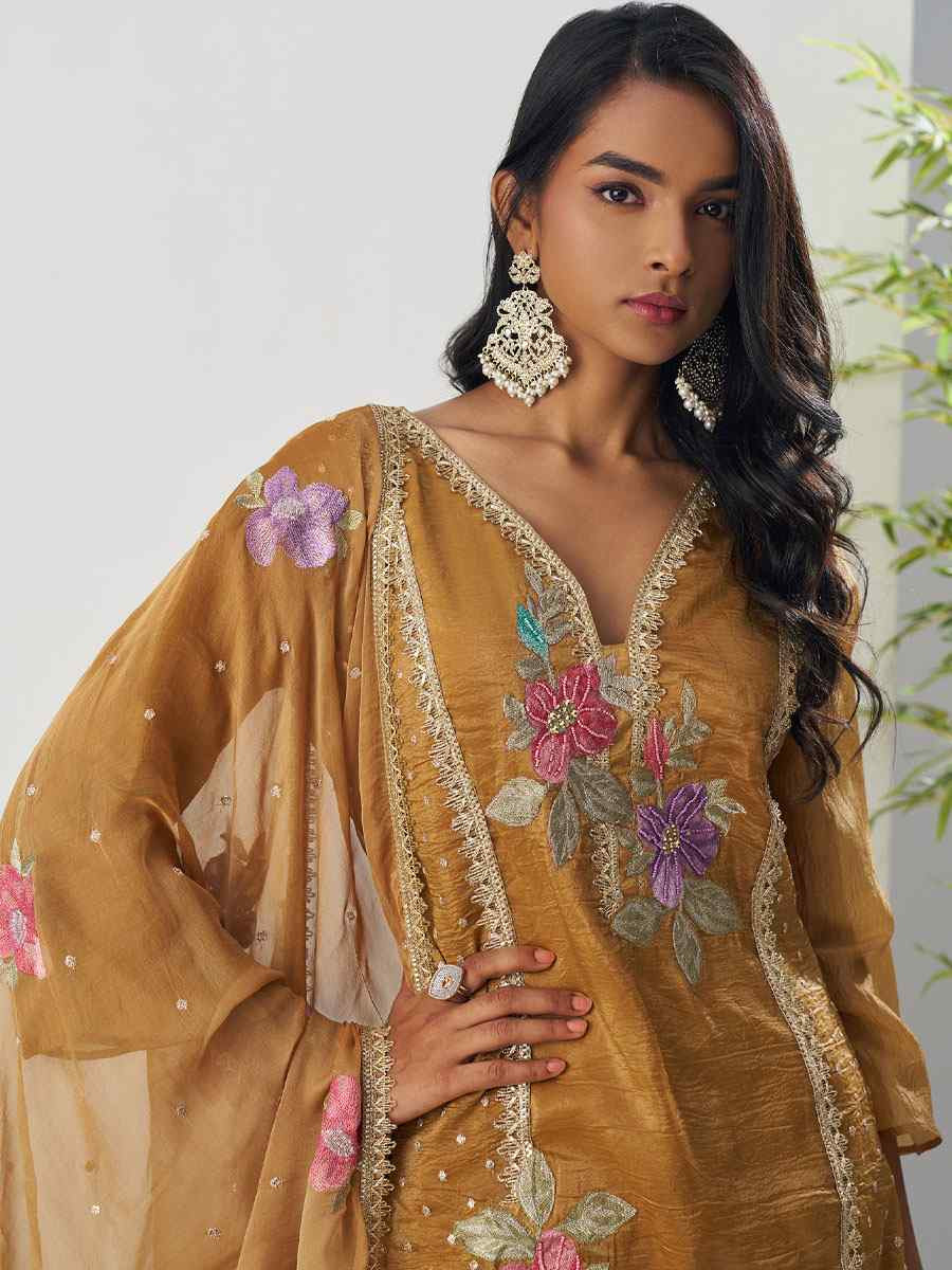Mustard Fancy Crush Silk Embroidery Party Wedding Festival Casual Ready Salwar Kameez
