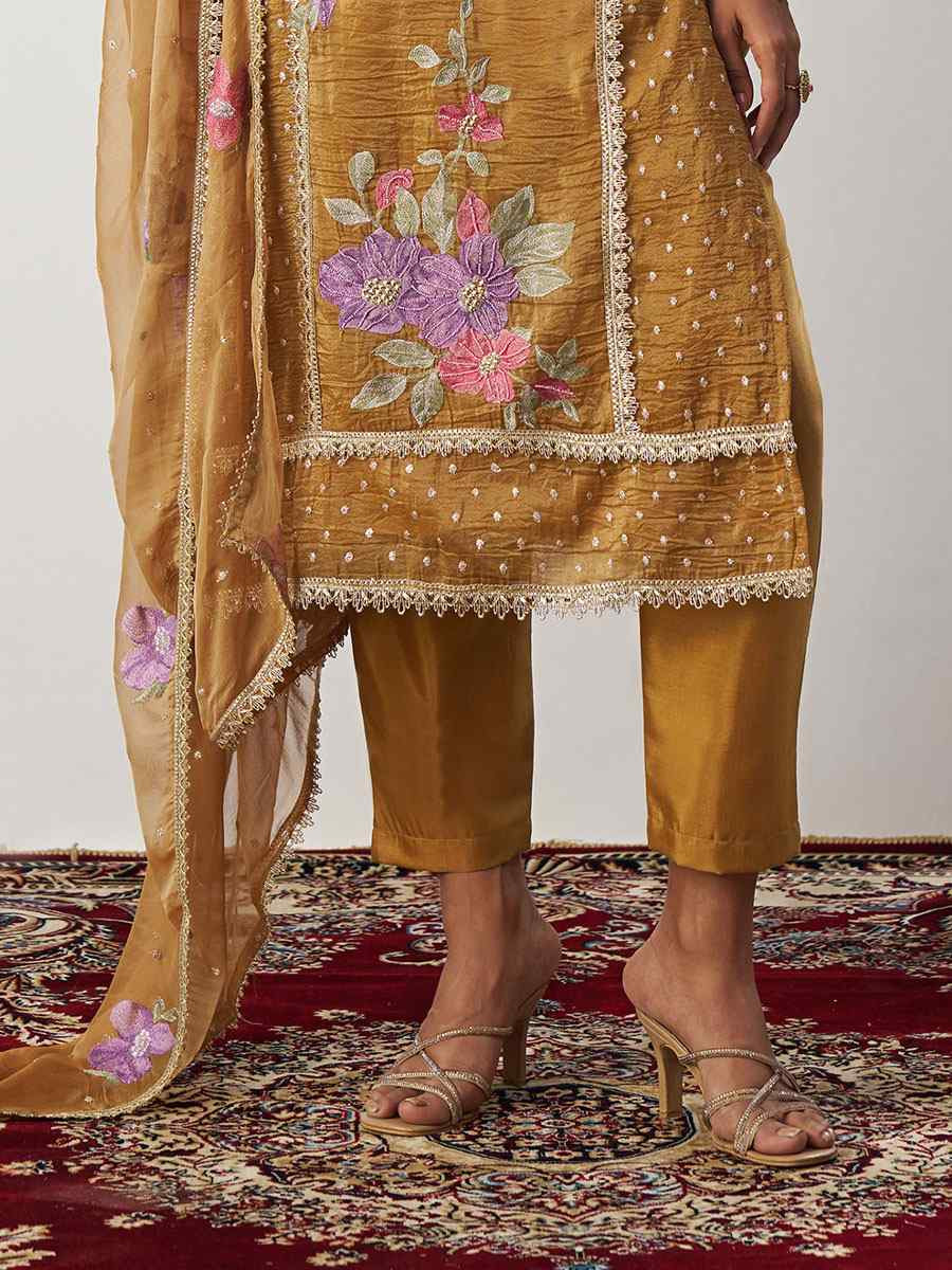 Mustard Fancy Crush Silk Embroidery Party Wedding Festival Casual Ready Salwar Kameez