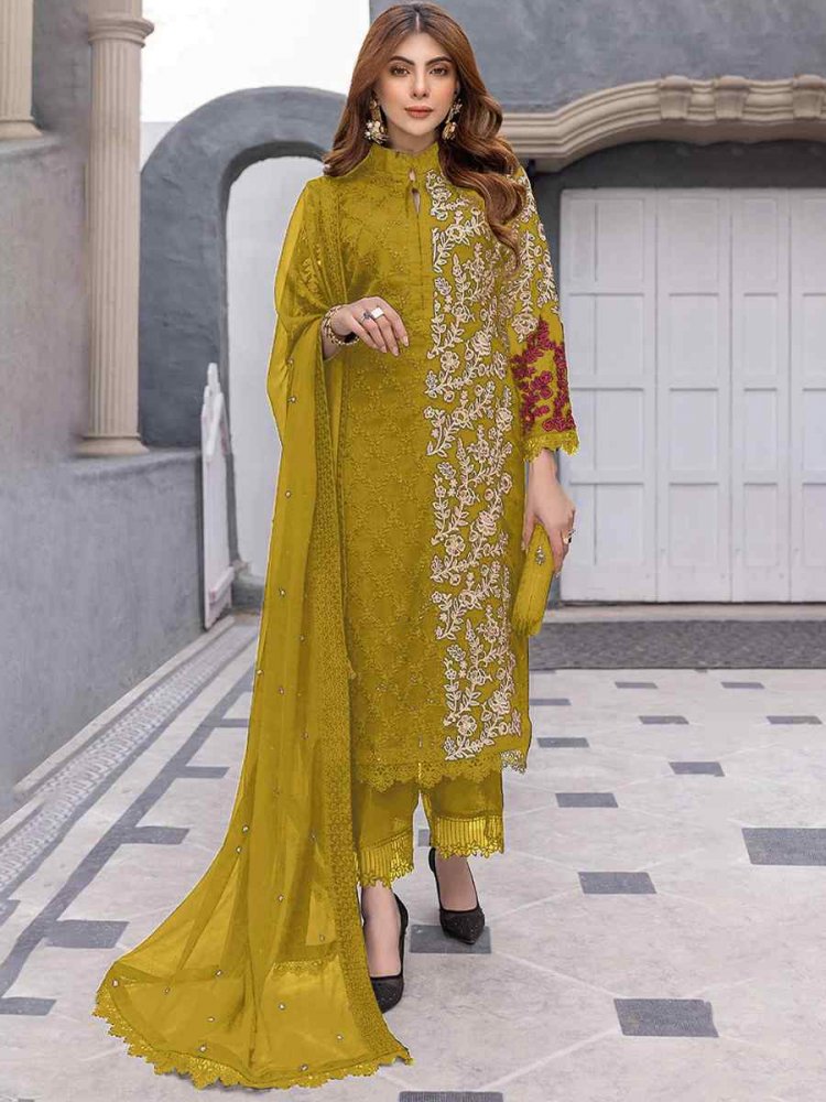 Mustard Faux Georgette Embroidered Festival Casual Pant Salwar Kameez