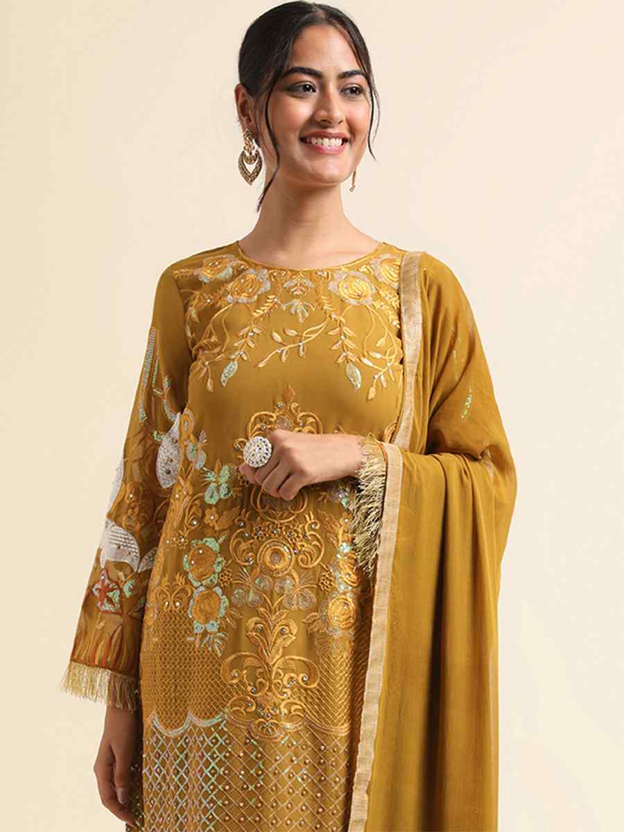 Mustard Faux Georgette Embroidered Festival Party Pant Salwar Kameez