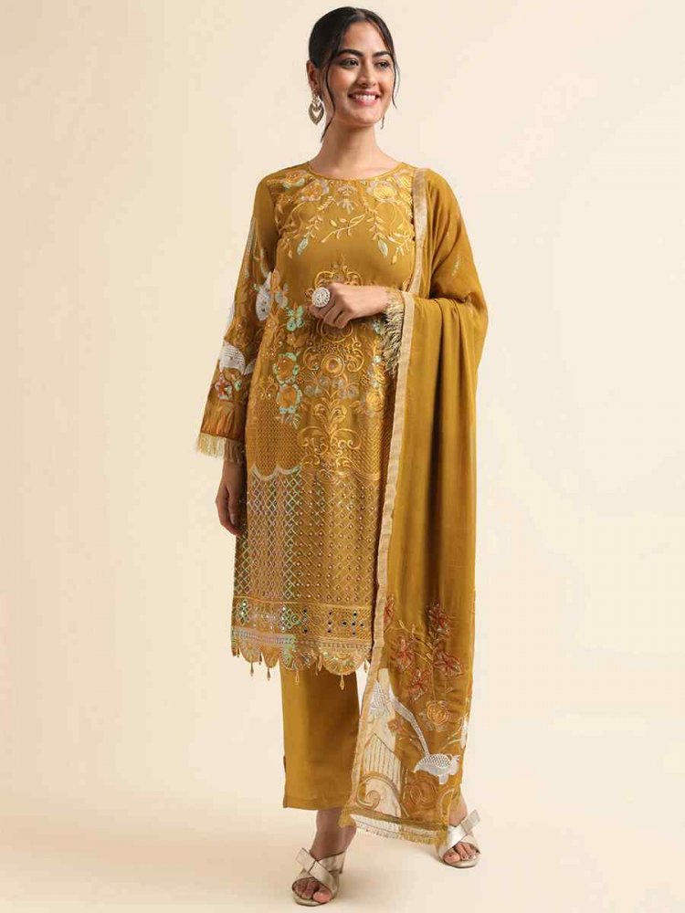 Mustard Faux Georgette Embroidered Festival Party Pant Salwar Kameez