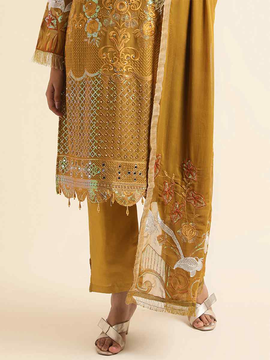 Mustard Faux Georgette Embroidered Festival Party Pant Salwar Kameez