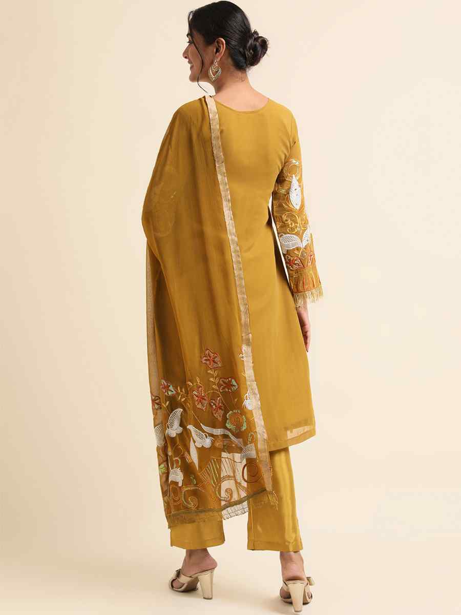 Mustard Faux Georgette Embroidered Festival Party Pant Salwar Kameez