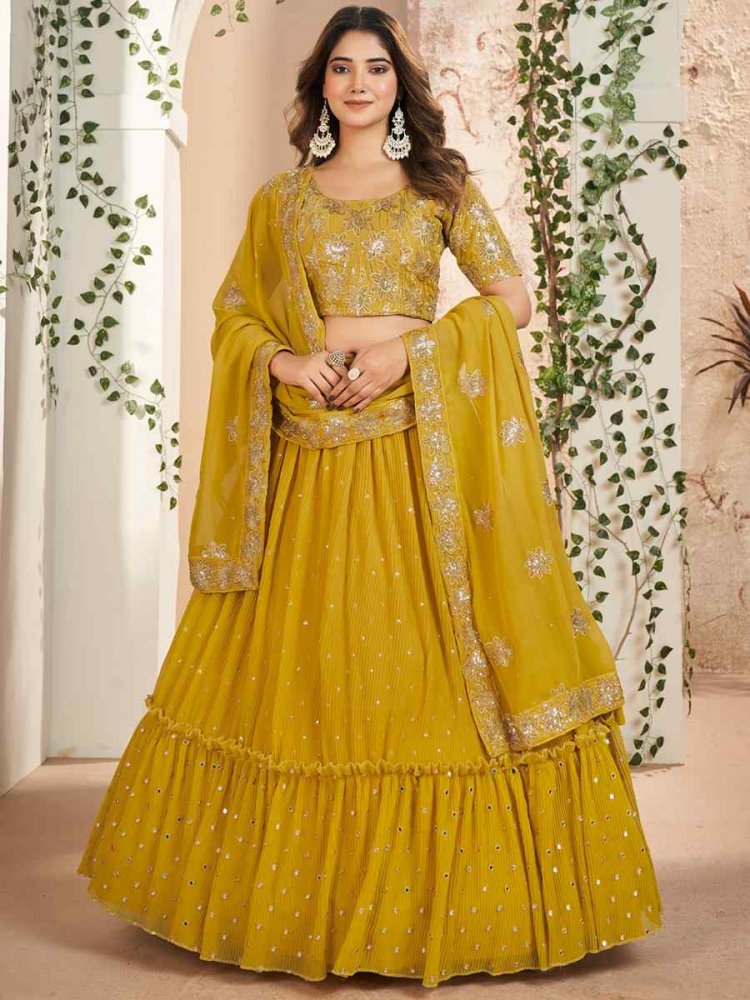 Mustard Faux Georgette Embroidered Festival Wedding Circular Lehenga Choli