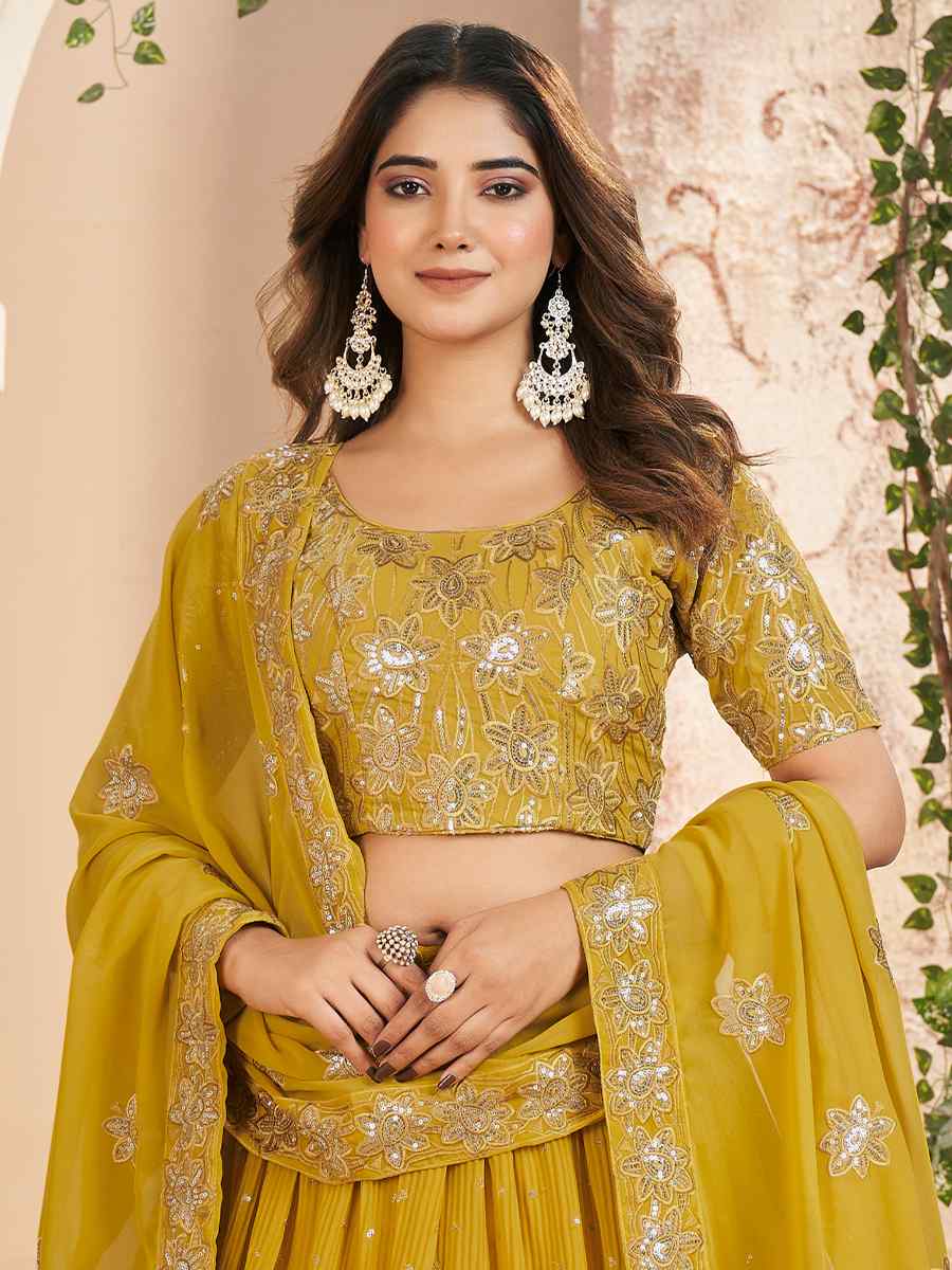 Mustard Faux Georgette Embroidered Festival Wedding Circular Lehenga Choli