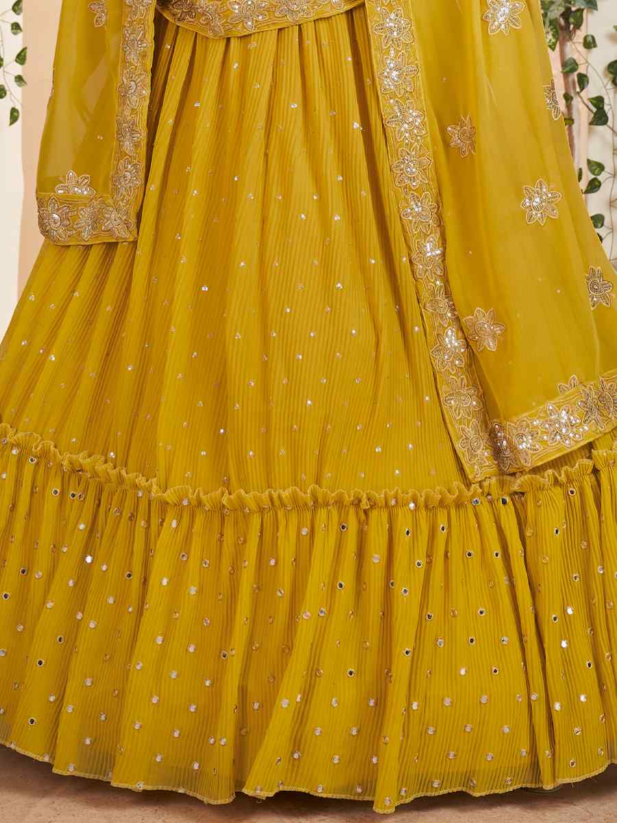 Mustard Faux Georgette Embroidered Festival Wedding Circular Lehenga Choli