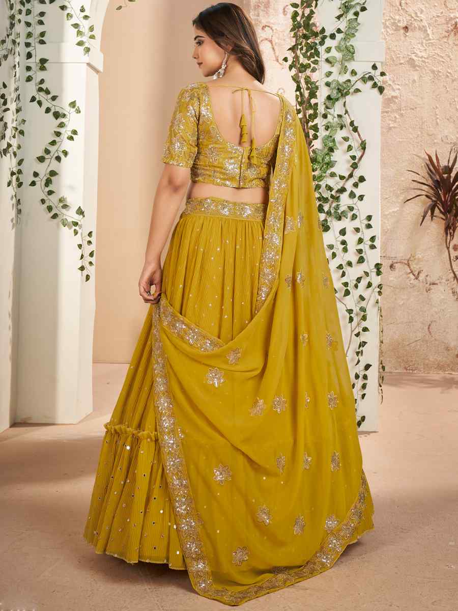 Mustard Faux Georgette Embroidered Festival Wedding Circular Lehenga Choli