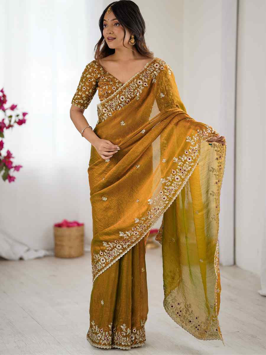 Mustard Fendy Chiffon Embroidery Casual Reception Festival Wedding Fancy Heavy Border Sarees