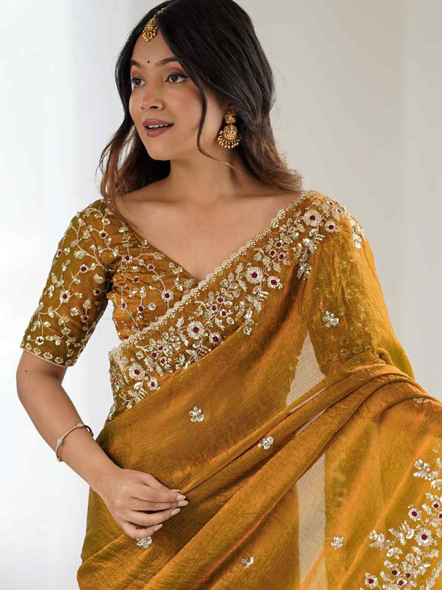 Mustard Fendy Chiffon Embroidery Casual Reception Festival Wedding Fancy Heavy Border Sarees