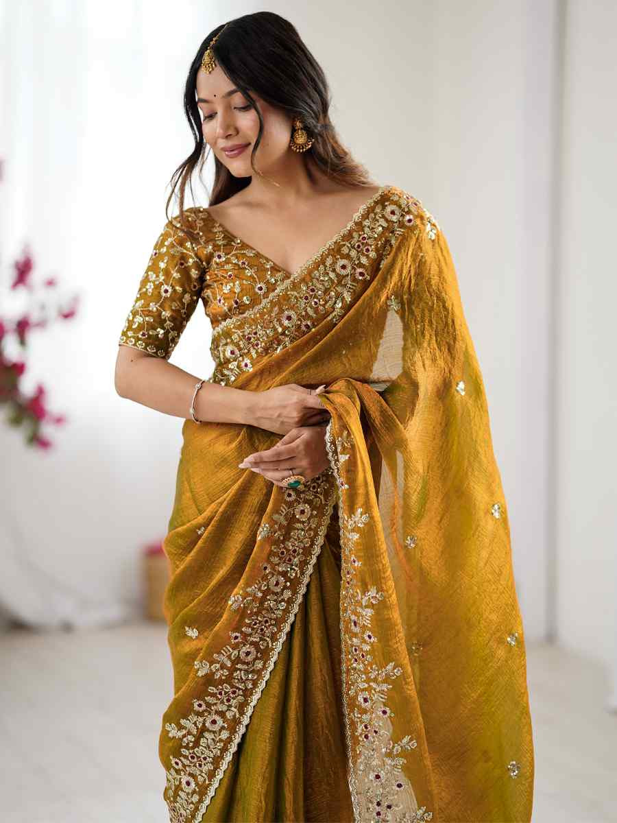 Mustard Fendy Chiffon Embroidery Casual Reception Festival Wedding Fancy Heavy Border Sarees