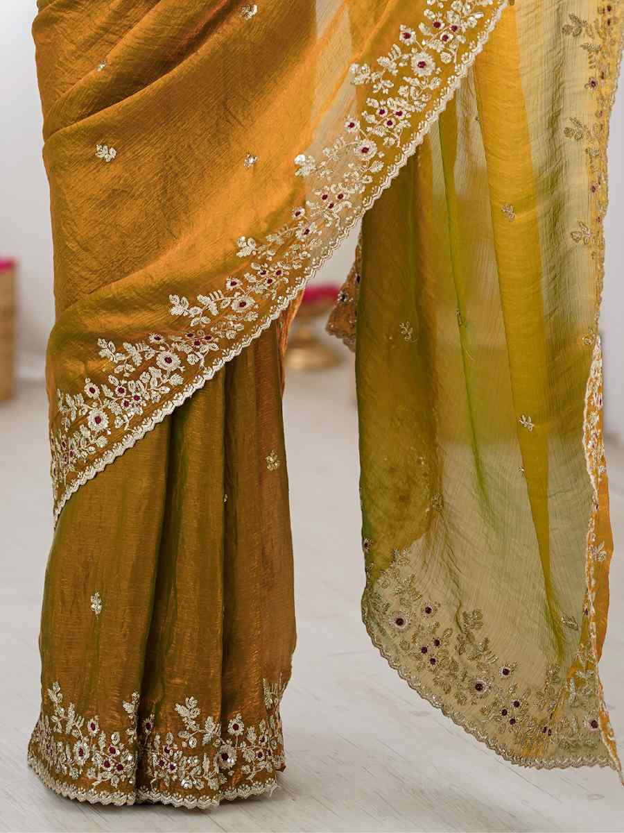 Mustard Fendy Chiffon Embroidery Casual Reception Festival Wedding Fancy Heavy Border Sarees