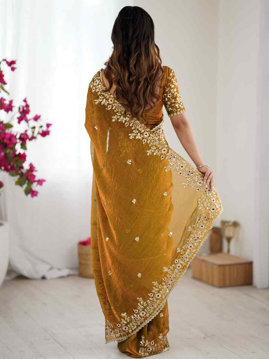 Mustard Fendy Chiffon Embroidery Casual Reception Festival Wedding Fancy Heavy Border Sarees