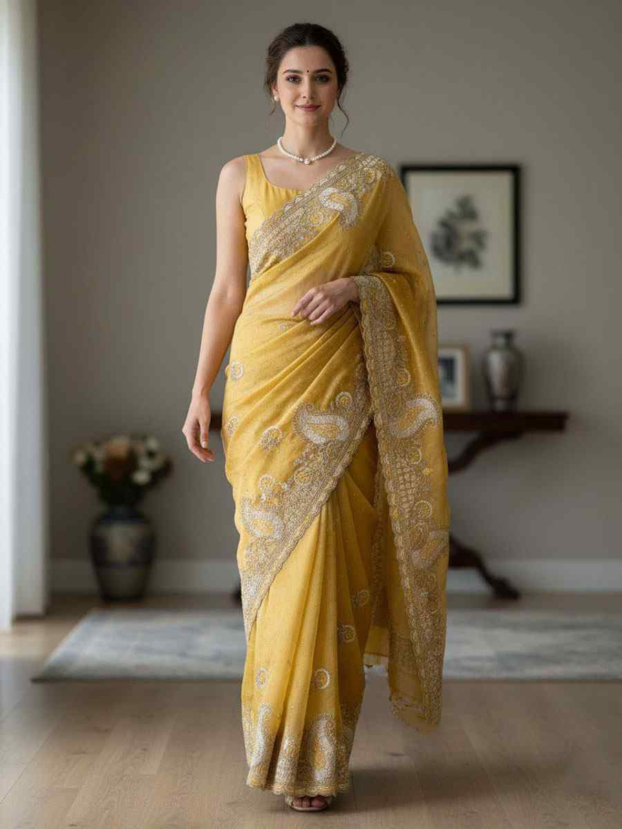 Mustard Fendy Satin Silk Embroidery Casual Reception Festival Wedding Fancy Heavy Border Sarees