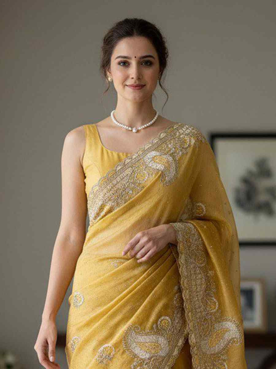 Mustard Fendy Satin Silk Embroidery Casual Reception Festival Wedding Fancy Heavy Border Sarees